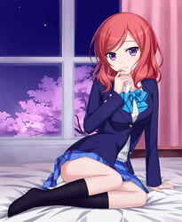  arm_support bed black_socks blazer bow bowtie cherry_blossoms commentary_request female jacket kneehighs love_live! love_live!_school_idol_project medium_hair nishikino_maki on_bed otonokizaka_school_uniform petticoat photoshop_(medium) plaid plaid_skirt pleated_skirt purple_eyes red_hair school_uniform sitting skirt slip_showing smile socks solo tree tucana window yokozuwari 