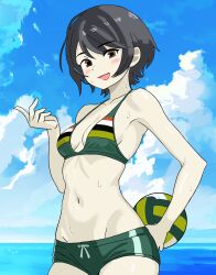  ball bikini bikini_shorts black_hair blue_sky bone_namu(namu49850) breasts brown_eyes cloud commentary_request day female green_bikini groin highres horizon kantai_collection mogami_(kancolle) multicolored_bikini multicolored_clothes ocean outdoors short_hair shorts sky small_breasts smile solo striped_bikini striped_clothes swimsuit volleyball_(object) water 