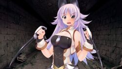  animal_ears atelier-moo bare_shoulders blush breasts clenched_hands dagger detached_sleeves dungeon female grey_eyes highres holding holding_dagger holding_knife holding_weapon knife large_breasts lips long_hair long_sideburns mana_(our_battle_has_just_begun!) narrow_waist oerba_yun_fang open_mouth our_battle_has_just_begun! purple_hair sideburns sleeveless smile solo upper_body v-shaped_eyebrows very_long_hair w_arms weapon wolf_ears wolf_girl 