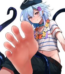  1boy arknights barefoot belt blue_choker blue_hair blue_hat brown_belt choker closed_mouth collarbone earrings feet flower foot_focus foreshortening hair_between_eyes hair_ornament hat highres jewelry looking_at_viewer male_focus medium_hair midriff mizuki_(arknights) navel otoko_no_ko pink_eyes shirt short_sleeves simple_background sitting smile soles spread_toes striped_clothes striped_shirt t-shirt tarosu tentacle toes white_background 