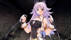  animal_ears atelier-moo bare_shoulders blush breasts clenched_hands closed_mouth dagger detached_sleeves dungeon female grey_eyes highres holding holding_dagger holding_knife holding_weapon knife large_breasts lips long_hair long_sideburns mana_(our_battle_has_just_begun!) narrow_waist our_battle_has_just_begun! purple_hair sideburns sleeveless smile solo upper_body v-shaped_eyebrows very_long_hair w_arms weapon wolf_ears wolf_girl 