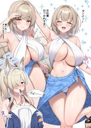  +++ 2girls absurdres animal_ear_fluff animal_ears arm_up armpits bare_arms bare_shoulders bikini blonde_hair blue_archive blue_eyes blue_halo blush breasts cleavage closed_eyes closed_mouth collarbone competition_swimsuit dog_ears extra_ears female_sensei_(blue_archive) hair_over_one_eye halo highres kanna_(blue_archive) kanna_(swimsuit)_(blue_archive) large_breasts light_brown_hair long_hair multiple_girls multiple_views navel official_alternate_costume one-piece_swimsuit one_eye_closed open_mouth sandals sensei_(blue_archive) short_hair smile suzutarou_gunsou swimsuit toes translation_request wet whistle whistle_around_neck white_bikini white_one-piece_swimsuit yellow_eyes 