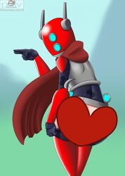  antennae armor banana_shaman bracers cape censored filler_shmazman gloves heart helmet hopoo_games looking_at_viewer pointing red_cape red_helmet risk_of_rain risk_of_rain_2 simple_background video_games visor 