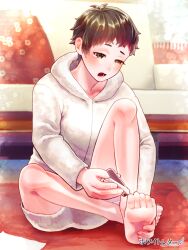  applying_pedicure barefoot blurry blurry_background brown_eyes brown_hair clipping_toenails copyright_name feet female highres holding_own_foot hood hood_down hoodie indoors knee_up mizuki_apple nail_clippers pillow short_hair solo tearing_up white_hoodie white_letter 