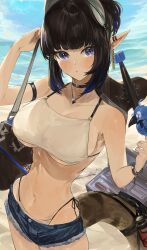  :&lt; absurdres arknights arm_strap bag beach bikini bird black_hair blue_eyes blue_hair blue_shorts blue_sky blush breasts closed_mouth cloud cloudy_sky commentary_request day denim denim_shorts duffel_bag ear_piercing eunectes_(arknights) eunectes_(forgemaster)_(arknights) female highleg highleg_bikini highres kajuu large_breasts looking_at_viewer navel ocean parrot piercing pointy_ears shorts side-tie_bikini_bottom sky snake_tail solo spaghetti_strap stomach swimsuit tail toolbox underboob white_bikini wrench 