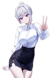  absurdres black_skirt blush breasts button_gap collared_shirt contrapposto cowboy_shot cross-laced_clothes cross-laced_skirt dress_shirt female grey_hair hair_bun hair_intakes highres ine_(vtuber) large_breasts long_sleeves looking_at_viewer miniskirt pencil_skirt purple_eyes shirt side_slit silver_kkot simple_background skirt solo v virtual_youtuber waktaverse white_background white_shirt wing_collar 