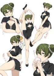  1boy alternate_costume alternate_hairstyle baozi black_dress black_footwear blonde_hair breasts china_dress chinese_clothes cleavage closed_mouth commentary_request double_bun dress eating female food glasses green_hair hair_between_eyes hair_bun highres land_(sousou_no_frieren) looking_at_panties looking_at_viewer medium_breasts multiple_views purple_eyes short_hair smile sousou_no_frieren split standing standing_on_one_leg standing_split taking_notes translation_request ubel_(sousou_no_frieren) white_background yami_anko 