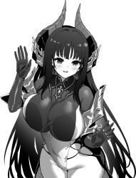  alvitr_(azur_lane) azur_lane azur_lane:_slow_ahead black_hair breast_press breasts covered_navel female greyscale groin hands_up highres hori_(hori_no_su) horns huge_breasts leotard long_hair monochrome official_art parted_lips smile solo taut_clothes taut_leotard very_long_hair 