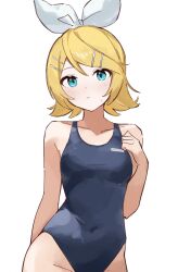  blonde_hair blue_eyes blue_one-piece_swimsuit breasts closed_mouth collarbone covered_navel female hair_ornament hairband hairclip highres kagamine_rin looking_at_viewer one-piece_swimsuit rakugaki_ningen school_swimsuit short_hair small_breasts solo swimsuit vocaloid white_background white_hairband 