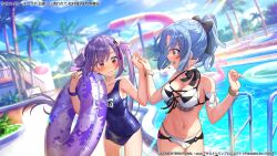  2girls arm_strap artist_request assault_lily ball bangle bare_arms bare_shoulders beachball bikini black_bikini black_bow black_choker blue_hair blue_one-piece_swimsuit blue_sky blunt_ends blurry blurry_background blush bow bracelet breasts chair choker cleavage closed_mouth cloud collarbone commentary_request covered_navel cowboy_shot crescent crescent_earrings cross-laced_bikini cross-laced_clothes day dutch_angle earrings eye_contact frilled_bikini frills front-tie_bikini_top front-tie_top hair_ornament hair_scrunchie hairbow hands_up high_ponytail holding holding_hands holding_swim_ring inflatable_flamingo inflatable_toy jewelry lens_flare long_hair looking_at_another looking_to_the_side lounge_chair makino_mitake matsumura_fuuka medium_breasts multi-strapped_bikini_bottom multiple_girls name_tag navel official_alternate_costume official_art one-piece_swimsuit open_mouth outdoors palm_tree parted_bangs pink_eyes ponytail pool pool_ladder purple_eyes purple_hair ribbon_choker ring school_swimsuit scrunchie see-through short_hair single_earring sky smile standing stomach swim_ring swimsuit tassel tassel_hair_ornament tree twintails two-tone_bikini very_long_hair water water_slide watermark waterpark white_bikini white_bow white_scrunchie yellow_eyes 