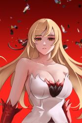  bare_shoulders blonde_hair breasts cleavage collarbone dress elbow_gloves eyeshadow feather-trimmed_dress female gloves hair_ribbon highres kiss-shot_acerola-orion_heart-under-blade kizumonogatari large_breasts long_hair looking_at_viewer makeup monogatari_(series) notgustiarp orange_eyes oshino_shinobu pointy_ears red_background red_eyeshadow red_gloves ribbon solo strapless strapless_dress vampire very_long_hair white_dress 