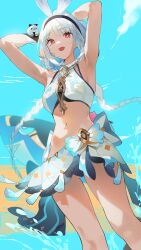  :d absurdres animal_ears armpits arms_up breasts buri_(retty9349) dutch_angle genshin_impact highres long_hair medium_breasts midriff navel rabbit_ears red_eyes sidelocks skirt smile twintails very_long_hair white_hair white_skirt 