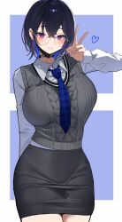  absurdres alternate_breast_size alternate_costume aran_sweater black_collar black_hair black_skirt blue_hair blue_necktie blush border breasts cable_knit collar collared_shirt commentary_request cowboy_shot crossed_bangs dress_shirt female glasses grey_vest hair_between_eyes hand_up heart highres houndstooth ichinose_uruha large_breasts long_sleeves looking_at_viewer miniskirt multicolored_hair necktie parted_lips pencil_skirt print_necktie purple_eyes round_eyewear school_uniform shiro_marimo shirt short_hair skirt solo streaked_hair sweater sweater_vest taut_clothes taut_skirt uniform v vest virtual_youtuber vspo! white_border white_shirt wing_collar 