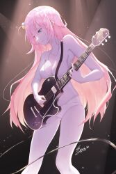  absurdres bikini blue_eyes bocchi_the_rock! breasts cube_hair_ornament dated female gotoh_hitori guitar hair_between_eyes hair_ornament highres instrument long_hair looking_down medium_breasts multi-strapped_bikini_bottom music navel one_side_up pink_hair playing_instrument signature silver_kkot skindentation solo spotlight sweatdrop swimsuit very_long_hair white_bikini 