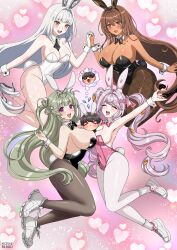  1boy 4girls 777_(nikke) alice_(nikke) alice_(wonderland_bunny)_(nikke) animal_ear_headwear animal_ears antenna_hair ascot bare_shoulders between_breasts black_ascot black_bow black_bowtie black_leotard blanc_(nikke) blush bow bowtie breasts brown_hair carrot_hair_ornament character_doll cleavage closed_eyes commander_(nikke) dark-skinned_female dark_skin detached_collar fake_animal_ears fake_tail fishnet_pantyhose fishnets food-themed_hair_ornament goddess_of_victory:_nikke green_hair green_nails hair_ornament heart_antenna_hair highleg highleg_leotard highres hopping hoshiberuu large_breasts leotard long_hair looking_at_viewer multiple_girls noir_(nikke) oerba_yun_fang open_mouth pantyhose pink_bow pink_bowtie pink_leotard playboy_bunny purple_eyes rabbit_ears rabbit_tail skin_fang smile soda_(nikke) soda_(twinkling_bunny)_(nikke) strapless strapless_leotard tail thong_leotard twintails undersized_breast_cup very_long_hair white_hair white_leotard white_pantyhose wrist_cuffs yellow_eyes 