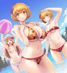  3girls absurdres aki_minoriko aki_shizuha armpits arms_up ball bare_arms bare_legs bare_shoulders beachball bikini blonde_hair blue_eyes blush breasts cleavage closed_mouth day fairy fairy_wings food-themed_hair_ornament fruit_hair_ornament grape_hair_ornament groin hair_ornament hat highres holding holding_ball holding_beachball large_breasts leaf_hair_ornament lily_white long_hair looking_at_viewer multiple_girls navel open_mouth orange_bikini outdoors red_bikini short_hair siblings sisters small_breasts smile swimsuit tarmo touhou water white_bikini white_hat wings yellow_eyes 