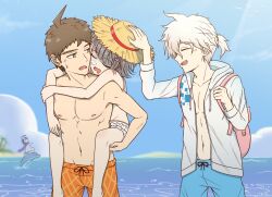  3boys ahoge animal beach bikini blue_male_swimwear brown_hair carrying completely_nude danganronpa_(series) danganronpa_2:_goodbye_despair danganronpa_s:_ultimate_summer_camp day dolphin female grey_hair hat highres hinata_hajime jacket kmnm_1403 komaeda_nagito layered_bikini male_swimwear multiple_boys nanami_chiaki nose_bubble nude official_alternate_costume open_clothes open_jacket orange_male_swimwear outdoors piggyback ponytail scarf short_hair sleeping spaceship_hair_ornament straw_hat sun_hat swimsuit white_bikini white_jacket 