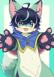  2024 absurd_res ahoge black_hair blue_eyes blush blush_lines canid canine countershading crotch_lines crotch_tuft cute_fangs featureless_crotch fox front_view fur glistening glistening_pawpads gloves_(marking) green_body green_fur green_highlights hair hi_res highlights_(coloring) kemono mammal markings navel open_mouth pawpads pink_highlights polaris_(polaris_mint) portrait production_taiikukan reaching_out reaching_towards_viewer sebadaba_maine solo three-quarter_portrait tuft white_body white_countershading 