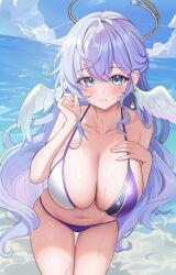  absurdres alternate_breast_size alternate_costume aqua_eyes bare_legs bare_shoulders bikini bikini_bridge blue_eyes blue_sky blush breasts cleavage cloud collarbone commentary_request cowboy_shot earrings female gradient_eyes hair_between_eyes halo hand_on_own_chest hand_up head_wings highres honkai:_star_rail honkai_(series) jewel_under_eye jewelry korean_commentary large_breasts leaning_forward long_hair looking_at_viewer multicolored_bikini multicolored_clothes multicolored_eyes navel ocean outdoors parted_lips purple_bikini purple_hair robin_(honkai:_star_rail) sidelocks sky smile solo standing stomach suisen_(suisenhwa) swimsuit teeth thighs very_long_hair wet white_bikini wings 