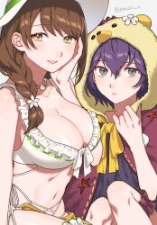  2girls :d bare_shoulders bernadetta_von_varley bernadetta_von_varley_(summer) bikini braid breasts bridal_garter brown_hair cleavage collarbone fire_emblem fire_emblem:_three_houses fire_emblem_engage fire_emblem_heroes goldmary_(fire_emblem) goldmary_(summer)_(fire_emblem) grey_eyes hair_between_eyes hand_on_own_face hand_up hat highres hood knees_up large_breasts long_hair looking_at_viewer mole mole_on_breast multiple_girls navel official_alternate_costume open_mouth parted_lips peach11_01 purple_hair smile star_(symbol) stomach swimsuit white_bikini white_hat yellow_eyes 