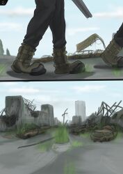  abandoned abandoned_building alex_last_resource anthro boots canid canine car city cityscape day destruction duo gun hi_res leo_last_resource male mammal ranged_weapon rust shotgun street vehicle walking weapon wolfyalex96 