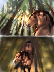  ambiguous_gender brown_body brown_mane brown_markings brown_tail equid equine fangs feral forest grass hi_res horse huskii-s mammal mane markings mouth_closed outside plant shadow solo sun tail tan_body teeth tree yellow_eyes 