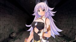  animal_ears atelier-moo bare_shoulders blush breasts closed_mouth detached_sleeves dungeon female grey_eyes highres large_breasts lips long_hair long_sideburns mana_(our_battle_has_just_begun!) narrow_waist our_battle_has_just_begun! purple_hair sideburns sleeveless solo upper_body v-shaped_eyebrows very_long_hair wolf_ears wolf_girl 