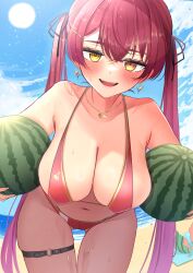  absurdres beach bent_over bikini breasts collarbone cowboy_shot earrings female heart heart_earrings heart_pendant highres hinoki_kahun0 holding_watermelon hololive houshou_marine jewelry large_breasts long_hair navel ocean parted_lips red_bikini red_eyes red_hair sand skindentation smile solo sun swimsuit teeth thigh_strap twintails upper_teeth_only virtual_youtuber yellow_eyes 