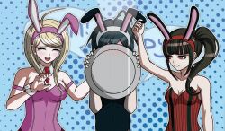  1boy 2girls a_beautiful_man_(middinos) ahoge akamatsu_kaede alternate_costume alternate_hairstyle animal_ears bare_shoulders black_hair black_leotard blonde_hair breasts brown_hair closed_eyes closed_mouth collarbone danganronpa_(series) danganronpa_v3:_killing_harmony detached_collar facing_viewer fake_animal_ears hair_between_eyes hair_ornament harukawa_maki highres large_breasts leotard long_hair male_playboy_bunny mole mole_under_eye multiple_girls musical_note musical_note_hair_ornament necktie official_alternate_costume open_mouth playboy_bunny rabbit_ears red_eyes red_necktie saihara_shuichi short_hair side_ponytail smile striped_clothes striped_leotard 