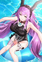  absurdres arknights black_horns black_one-piece_swimsuit commentary_request female frilled_one-piece_swimsuit frills from_above highres horns long_hair looking_at_viewer official_alternate_costume one-piece_swimsuit puranetto_(vjun4748) purple_eyes purple_hair sitting swimsuit thighs typhon_(arknights) typhon_(temperature_difference)_(arknights) 