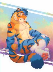  2024 4_toes anthro art_fight blue_markings blue_stripes cheek_tuft chest_tuft claws countershading digital_media_(artwork) eyebrows facial_markings facial_tuft feet felid fluffy fluffy_tail fur hair hand_on_leg head_markings inner_ear_fluff looking_at_viewer male mammal markings multicolored_body neck_tuft noviraine nude orange_body orange_eyes orange_fur pantherine pawpads paws pink_nose pink_pawpads short_hair signature simple_background sitting smile solo striped_body stripes tail tiger toes tuft 