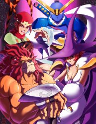  2boys 2girls absurdres animal_ears animal_head armor barbarian bodysuit breasts brown_hair capcom cape cleavage detached_sleeves hat highres large_breasts leo_(warzard) lion lion_boy lion_hair looking_at_viewer mane mask mouth_mask mukuro_(warzard) multiple_boys multiple_girls ninja ninja_mask open_mouth pltnm_ghost purple_cape red_hair short_hair smile sword tabasa tao_(warzard) warzard weapon white_bodysuit witch witch_hat 