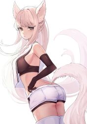  animal_ears aoi_tooru arknights ass bare_shoulders boots bright_pupils brown_eyes brown_gloves brown_shorts brown_sports_bra closed_mouth cowboy_shot elbow_gloves female gloves grey_hair grey_tail highres long_hair looking_at_viewer platinum_(arknights) shorts simple_background solo sports_bra standing tail thigh_boots very_long_hair white_background white_footwear white_pupils white_shorts 