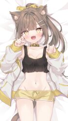  :d animal_ear_fluff animal_ears bare_shoulders bed_sheet black_tank_top blush bow bra breasts brown_eyes brown_hair cat_ears cat_girl cat_tail claw_pose collarbone commentary_request crop_top drawstring fangs female groin hair_ornament hairbow hairclip hands_up highres hoshi_(snacherubi) jacket long_hair long_sleeves looking_at_viewer lowleg lowleg_shorts lying medium_breasts navel off_shoulder on_back open_clothes open_jacket original ponytail puffy_long_sleeves puffy_sleeves short_shorts shorts sleeves_past_wrists smile solo tail tank_top underwear white_jacket yellow_bow yellow_bra yellow_collar yellow_shorts 