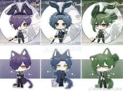  3boys animal_ears black_shirt blue_coat blue_hair blue_leotard book can cat_ears cat_tail chesed_(project_moon) coat collared_shirt crossed_arms folded_ponytail green_coat green_hair green_leotard hair_over_one_eye holding holding_can holding_sword holding_weapon leotard library_of_ruina looking_at_viewer low_ponytail male_playboy_bunny multiple_boys multiple_views netzach_(project_moon) playboy_bunny project_moon purple_coat purple_hair purple_leotard shirt sword tail weapon white_shirt yellow_eyes yesod_(project_moon) zhizhangertongbaitang 