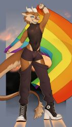  absurd_res andr0ch anthro bodysuit brown_body brown_fur chuck_taylor_all_stars clothing converse dragon ear_piercing eyewear flag flag_(object) fur furred_dragon furred_scalie glasses hi_res holding_flag holding_object lgbt_pride lgbt_pride_month male mythological_creature mythological_scalie mythology piercing platform_footwear pride_color_flag reed_(andr0ch) round_glasses scalie skinsuit solo tight_clothing 