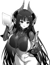  alvitr_(azur_lane) azur_lane azur_lane:_slow_ahead black_hair breast_press breasts covered_navel female greyscale groin hands_up highres holding_cloth hori_(hori_no_su) horns huge_breasts leotard long_hair monochrome official_art parted_lips smile solo taut_clothes taut_leotard very_long_hair 