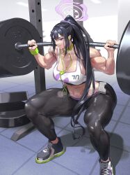  702_96 abs absurdres blue_archive breasts highres muscular muscular_female original ponytail sportswear squatting sumire_(blue_archive) thighs 