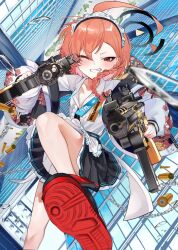  ahoge aiming aiming_at_viewer apron black_skirt blue_archive braid building city collared_shirt commentary_request cya_ko0 dual_wielding dynamic_pose falling feet_out_of_frame female flat_chest foot_out_of_frame frilled_apron frills glass_shards grin gun halo high_up highres holding huge_ahoge jacket looking_at_viewer maid maid_apron maid_headdress miniskirt mole mole_under_each_eye mole_under_eye multiple_moles neru_(blue_archive) one_eye_closed open_collar orange_hair print_jacket shell_casing shirt short_hair sig_mpx sig_sauer single_braid skirt skyscraper smile solo submachine_gun sukajan unconventional_maid waist_apron weapon white_shirt 