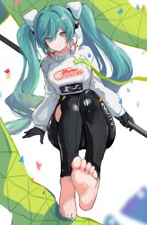  absurdres aqua_eyes aqua_hair barefoot black_bodysuit bodysuit chinese_commentary closed_mouth clothes_writing commentary_request crop_top cropped_jacket feet female foot_focus foreshortening goodsmile_racing green_nails hair_between_eyes hatsune_miku highres holding hongsan_red jacket knees_up light_smile long_hair long_sleeves looking_at_viewer nail_polish oerba_yun_fang presenting_foot racing_miku racing_miku_(2022) skin_fang soles solo strap toenail_polish toenails toes twintails vocaloid white_background white_jacket 