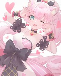  ;d ahoge animal_ears arm_garter black_bow black_choker blue_eyes bow breasts cat_ears choker claw_pose cleavage dress dress_bow female hairbow hands_up heart high_ponytail highres long_hair looking_at_viewer mel6969 nail_polish oerba_yun_fang one_eye_closed open_mouth pendant_choker pink_dress pink_hair pink_nails ponytail rosia_(show_by_rock!!) show_by_rock!! simple_background single-shoulder_dress skin_fang smile solo striped_clothes striped_dress white_background white_dress wrist_cuffs 