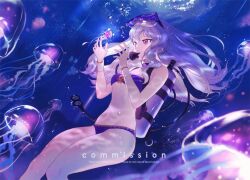  air_bubble alternate_costume artist_name bikini blurry blurry_foreground breasts bubble closed_mouth commission depth_of_field diving_regulator female fire_emblem fire_emblem:_three_houses glowing goggles goggles_on_head highres jellyfish light_rays long_hair lysithea_von_ordelia medium_breasts navel pink_eyes pressure_gauge purple_bikini scuba_gear scuba_tank solo sumustard swimsuit twitter_username underboob underwater watermark white_hair 