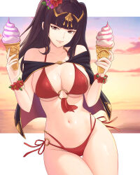  absurdres bikini black_cape bougainvillea_(flower) bracelet breasts cape cleavage female fire_emblem fire_emblem_awakening fire_emblem_heroes flower flower_bracelet food highres ice_cream jewelry large_breasts looking_at_viewer o-ring o-ring_bikini ocean official_alternate_costume outdoors pink_flower plumeria red_bikini red_flower red_petals sideboob smile solo sunset swimsuit tharja_(fire_emblem) tharja_(summer)_(fire_emblem) tiara truejekart two-tone_cape underboob 