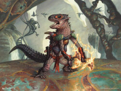  amphibian anthro avian bird crocodile_skink eye_markings fire frog gev_(bloomburrow) hasbro lips lizard magic:_the_gathering male mark_zug markings official_art open_mouth reptile scales scalie skink solo stairs wizards_of_the_coast 