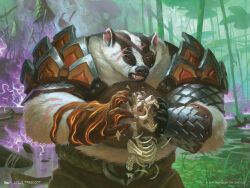  anthro armor badger bared_teeth bone crush eye_patch eyewear hasbro hugs_(bloomburrow) lava_skin magic:_the_gathering male mammal mustelid musteline official_art scar skeleton solo steve_prescott wizards_of_the_coast 