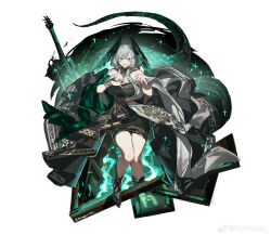  absurdres arknights artist_name bare_shoulders black_dress black_shawl black_wings border bracelet chinese_commentary commentary_request cross crossed_bangs dress female full_body greek_cross green_eyes green_shawl green_wings grey_hair grey_shawl head_wings highres ho&#039;olheyak_(arknights) ho&#039;olheyak_(carriage_of_the_winds_of_time)_(arknights) jewelry long_hair looking_at_viewer magic nominus official_alternate_costume open_mouth shawl short_dress smile solo strapless strapless_dress white_border wings 