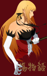  00i172m absurdres bare_shoulders black_ribbon blonde_hair breasts cleavage closed_mouth collarbone commentary_request cropped_torso dress elbow_gloves feather-trimmed_dress feather-trimmed_gloves feather_trim female frills from_side gloves hair_ribbon highres holding holding_sword holding_weapon kiss-shot_acerola-orion_heart-under-blade kizumonogatari large_breasts long_hair looking_ahead monogatari_(series) oshino_shinobu pointy_ears red_background red_dress ribbon serious simple_background solo strapless strapless_dress sword translation_request very_long_hair weapon white_gloves yellow_eyes 