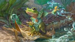  amphibian andrea_piparo anthro bubble elemental_manipulation female frog green_body green_skin hasbro helga_(bloomburrow) hi_res leaf leaf_clothing log magic:_the_gathering narrowed_eyes open_book solo water water_manipulation wizards_of_the_coast wood 