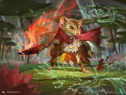  accessory anthro aurore_folny bow_ribbon cloak clothing female fire flower furgonomics hasbro leaf_clothing mabel_(bloomburrow) magic:_the_gathering mammal melee_weapon mouse murid murine plant red_cloak red_clothing ribbons rodent solo splash sword tail tail_accessory tail_bow tail_ribbon water weapon wizards_of_the_coast 