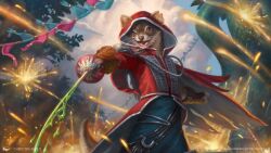  1_eye anthro christina_kraus cloak clothing cruelclaw_(bloomburrow) earhole fireworks hasbro hi_res magic:_the_gathering male mammal melee_weapon mustelid musteline official_art rapier red_cloak red_clothing solo stoat sword true_musteline weapon weasel wizards_of_the_coast 